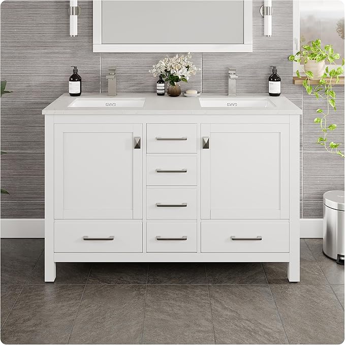 Eviva London 48 in. White Double Sink Bath Vanity with Carrara Quartz Top and Undermount Porcelain Sinks