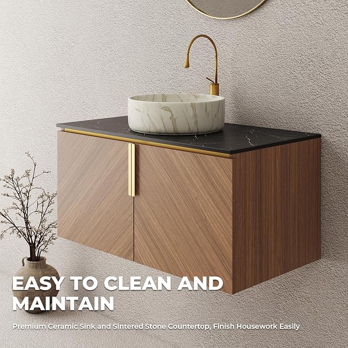 LKTART 36 Inch Bathroom Vanity with Sink, Modern Wall Mounted Bathroom Sink with 2 Doors, Black Sintered Stone Countertop and Stone Round Ceramic Basin