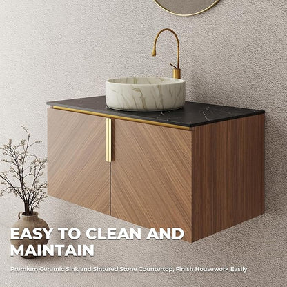 LKTART 36 Inch Bathroom Vanity with Sink, Modern Wall Mounted Bathroom Sink with 2 Doors, Black Sintered Stone Countertop and Stone Round Ceramic Basin