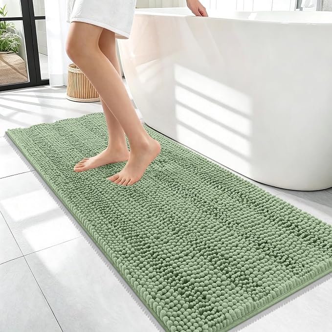 OLANLY Thick Bathroom Runner Rugs 47x17, Chenille Bath Rugs, Sage Green | Absorbent Striped, Rubber Backing, Machine Wash, Long Bath Mats for Bathroom Floor, Tub and Shower, Home Decor Accessories