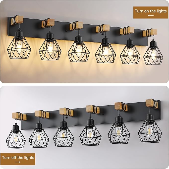 VbiTmn Bathroom Light Fixtures,6 Light Black Farmhouse Wood Vanity Lights | Rustic Design, Diamond Metal Shades, Easy to Install, Wall Sconces for Bathroom, Bedroom, Makeup Area, Over Vanity Mirror