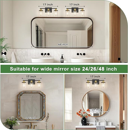 DORESshop 17 Inch Bathroom Light Fixtures, 3-Light Black and Gold Bathroom Lighting Fixtures Over Mirror with Glass Shade, Modern Vanity Lights for Hallway Bedroom, Includes Bulbs