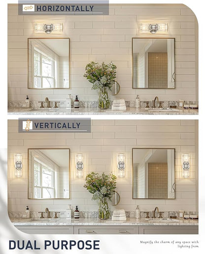 Bathroom Wall Sconces, HWH Brushed Nickel Wall Lighting for Bedroom, 2-Light Bathroom Light Fixtures with Bell-Shaped Clear Glass, Brushed Nickel Finish, 5HZG106B-2W BN
