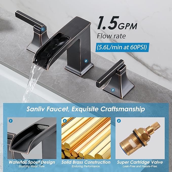 Oil Rubbed Bronze Bathroom Faucet, Sanliv 3-Piece Widespread Bathroom Faucets for 3-Hole Sinks 4-8 Inch, Bronze Waterfall Vanity Faucet with Pop-Up Drain (ORB)