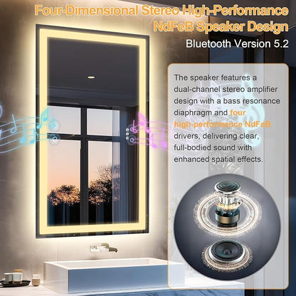 48"x28" LED Bathroom Mirror with Lights,Bluetooth Dual Speaker | Anti-Fog,3 Color Temperature,Dimmable Brightness,Memory Function,Waterproof,Wall Mount Design,Tempered Glass