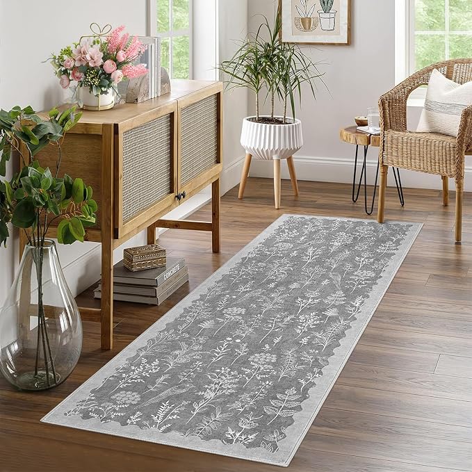 GarveeHome Washable 2x6 Runner Rugs for Bathroom Floral Kitchen Rug Neutral Scalloped Carpet, Non-Slip Hallway Rug Stain Resistant Modern Low-Pile Carpet for ‎Laundry Bedside Entryway(2x6 ft,Grey)