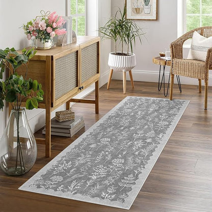 GarveeHome Washable 2x6 Runner Rugs for Bathroom Floral Kitchen Rug Neutral Scalloped Carpet, Non-Slip Hallway Rug Stain Resistant Modern Low-Pile Carpet for ‎Laundry Bedside Entryway(2x6 ft,Grey)