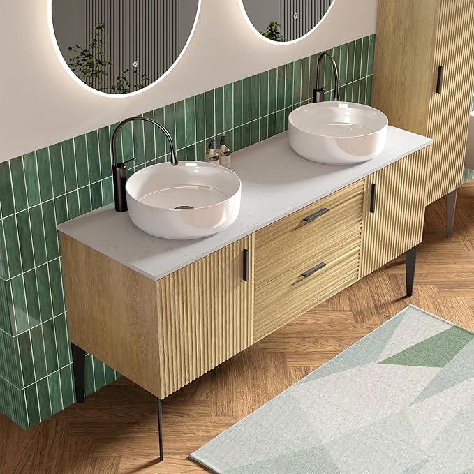 60" Bathroom Vanity with Double Sink, Modern Double Ceramic Vessel Sink Bathroom Vanity with Soft-Closing Drawers & Doors, Engineered Stone Countertop, Natural Oak