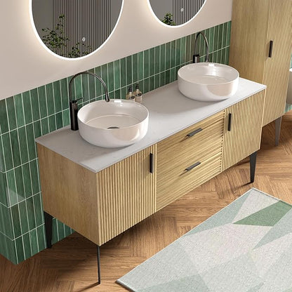 60" Bathroom Vanity with Double Sink, Modern Double Ceramic Vessel Sink Bathroom Vanity with Soft-Closing Drawers & Doors, Engineered Stone Countertop, Natural Oak