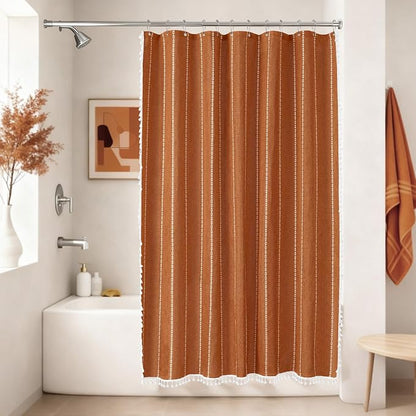 Seenus 72 x 76 inch Extra Long Boho Chic Shower Curtain Heavyweight with Tassels, Sunset Orange Linen Textured Fabric Farmhouse Shower Curtain, Elegant White Striped Bathroom Curtain Water Repellent