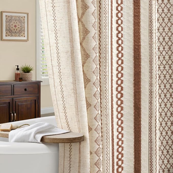 Brown Boho Linen Shower Curtain,72" W x 72" L | Linen Striped Print and Twine-Inspired Woven Center for Bathroom