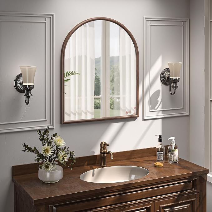 30"x36" Arch Wall Mirror for Wall, Wall Mounted Vanity Mirror for Bedroom, Wood Grain Finish Frame Mirror with Tempered Glass, Vintage Decorative for Bathroom, Entryway, Living Room, Walnut