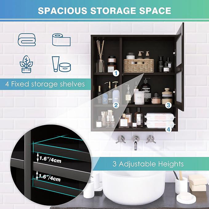 SMIBUY Bathroom Mirror Cabinet Wall Mounted, Bamboo Space Saver Medicine Cabinet, Wall Hanging Over Toilet Storage Cabinet with Mirror Door and Adjustable Shelf (Black)