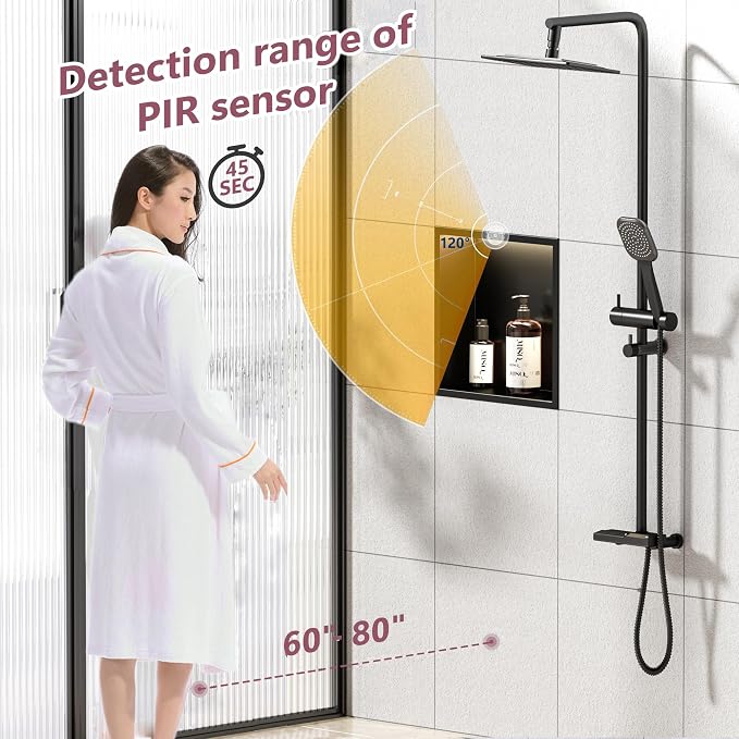 Smart Body Sensor Shower Niche, Black 12"x12" | Recessed Wall Niche with White 3000K LED Light , Waterproof &Rustproof, 304 Stainless Steel Bathroom Cabinet