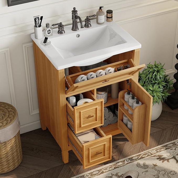 24" Modern Bathroom Vanity with Ceramic Sink, Solid Wood Frame Freestanding Storage Cabinet w/2 Drawers & Tilt-Out Drawer, Door Rack & Adjustable Shelf, Golden Metal Handles, Wood