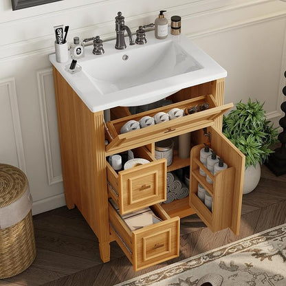 24" Modern Bathroom Vanity with Ceramic Sink, Solid Wood Frame Freestanding Storage Cabinet w/2 Drawers & Tilt-Out Drawer, Door Rack & Adjustable Shelf, Golden Metal Handles, Wood