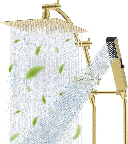 Hibbent All Metal CUPC Certified 10'' Rain Shower Head, Dual Shower Head Combo, High Pressure Handheld 4 Sprays Shower Wand, 16'' Adjustable Extension Arm, 71'' Hose, Shower Holder, Brushed Gold