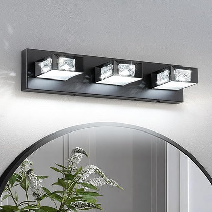 Joossnwell Modern Crystal Vanity Light 3-Light, 5CCT Selectable LED Bathroom Light Fixtures Over Mirror, Dimmable Matte Black Bath Wall Sconce with 350° Rotatable Head, Acrylic Diffuser, 20.5 Inch