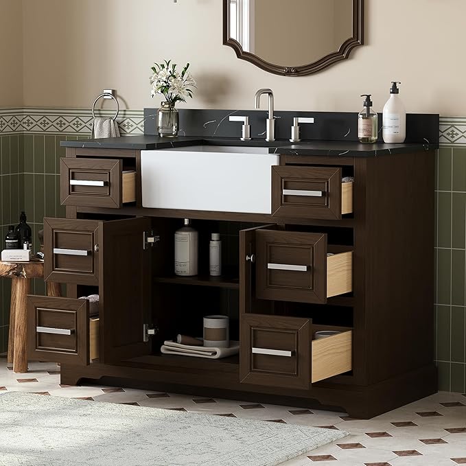 48 Inch Bathroom Vanity with Sink, Fully-Assembled Vanity with Quartz Countertop, Solid Wood Sink Cabinet with Soft Closing Doors & Dovetail Drawers, Single Sink Classic Bathroom Vanity, Dark Brown