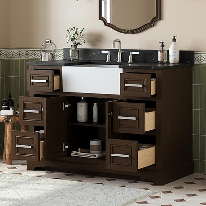 48 Inch Bathroom Vanity with Sink, Fully-Assembled Vanity with Quartz Countertop, Solid Wood Sink Cabinet with Soft Closing Doors & Dovetail Drawers, Single Sink Classic Bathroom Vanity, Dark Brown