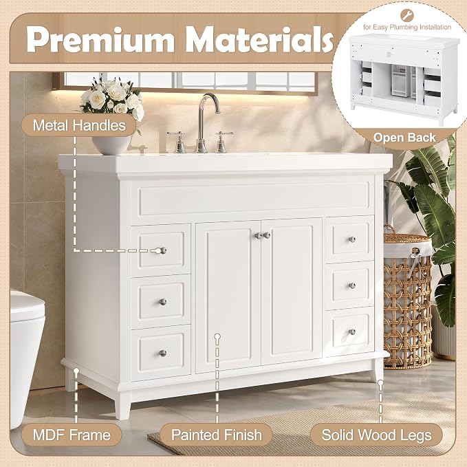 Harper & Bright Designs 48" Bathroom Vanity Set with Sink, Free Standing Single Basin Vanity Set with 2 Soft-Close Doors and 6 Drawers, Wood Storage Cabinet with Resin Basin for Bathroom, White