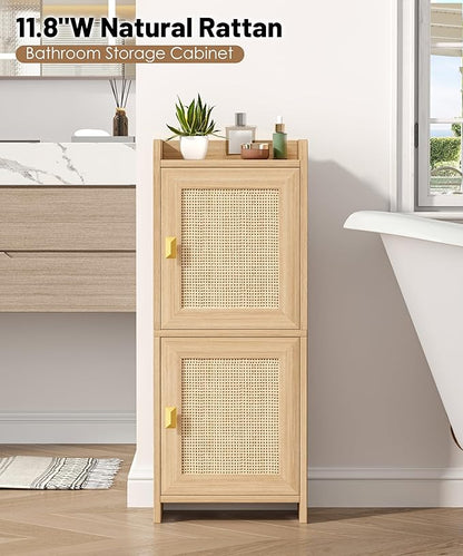 Rattan Small Bathroom Cabinet with 2 Doors, 7.9''D x 11.8''W Narrow Toilet Paper Storage Cabinet, Bathroom Organizer for Small Space, Wooden Slim Corner Unit with Adjustable Shelf, Natural Oak