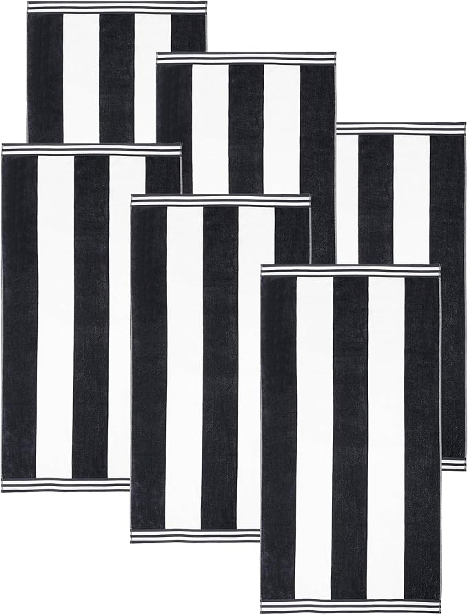 Superior Cotton Striped Beach Towels, Colorful Towels for Adult, Kid, Pool, Swimming, Sand, Travel, Large Oversized, Absorbent, Fast Drying, Bath Basics, Cabana Collection, Set of 6, Charcoal