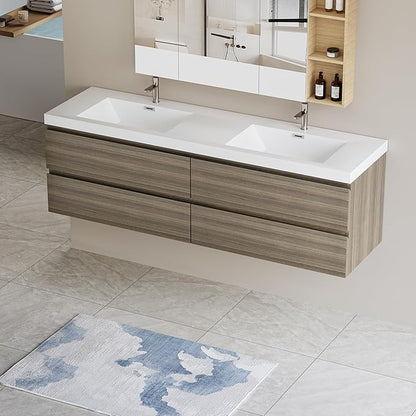 72 Inch Floating Bathroom Vanity with Double Sink, Modern Wall-Mounted Bathroom Vanity Storage Cabinet Organizer with Double Resin Top Basins and 4 Soft Close Drawers (Ash Grey)