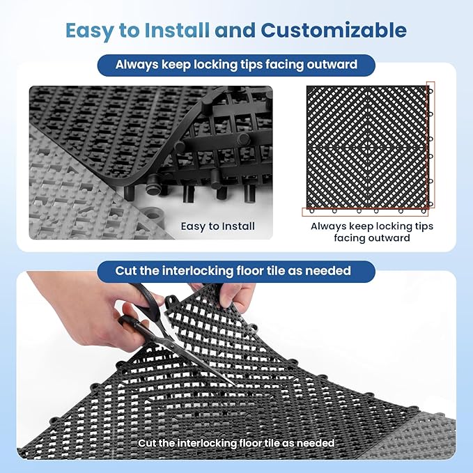 36-Pcs Interlocking Tile, Indoor/Outdoor Drainage Interlocking Floor Tiles 11.8" x 11.8", Anti-Slip Waterproof Soft PVC Splicing Flooring Tile for Garage Patio Pool Bathroom, Black