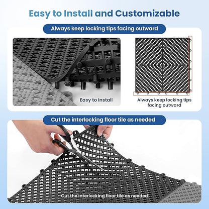 36-Pcs Interlocking Tile, Indoor/Outdoor Drainage Interlocking Floor Tiles 11.8" x 11.8", Anti-Slip Waterproof Soft PVC Splicing Flooring Tile for Garage Patio Pool Bathroom, Black
