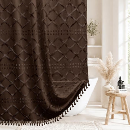 Siiluminisoy Brown Shower Curtain Woven Fabric Extra Long Shower Curtain for Bathroom 72 x 84 Tufted Chevron Striped Shabby Chic Textured, Modern Farmhouse Minimalist Shower Curtain Set