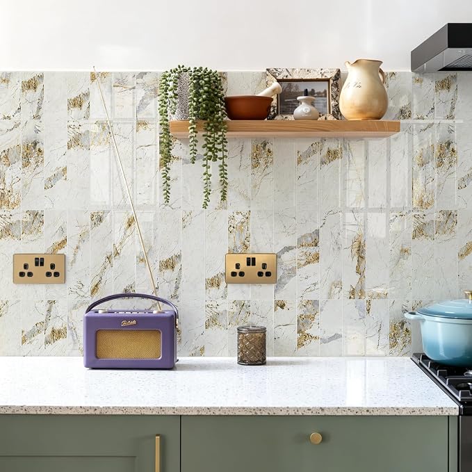 Vamos Tile Peel and Stick Backsplash, Glossy 40-Piece 3''x12'' Subway Tile | Pandora Marble with White Grout Wall Tile,PVC Faux Stone Stick on Subway Tiles for Kitchen,Bathroom,Laundry,Camper,Fireplace