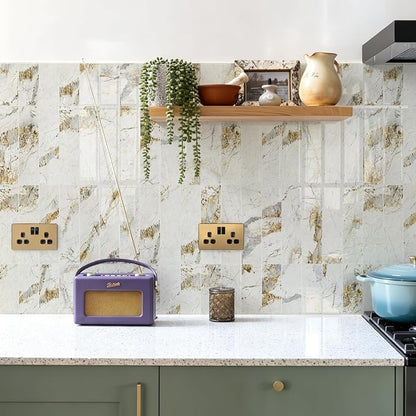 Vamos Tile Peel and Stick Backsplash, Glossy 40-Piece 3''x12'' Subway Tile | Pandora Marble with White Grout Wall Tile,PVC Faux Stone Stick on Subway Tiles for Kitchen,Bathroom,Laundry,Camper,Fireplace