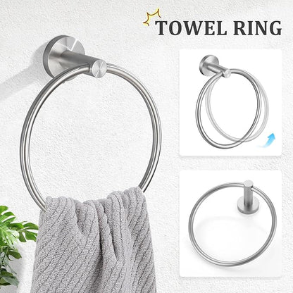 TURS Brushed Nickel 4-Pieces Towel Ring Set Include Towel Ring Double Base Toilet Paper Holder Towel Hook SUS304 Stainless Steel Bathroom Accessories Kit Wall Mounted