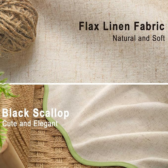 Scalloped Shower Curtain Linen Boho Flax Cream 72" W x 72" L | Linen Fabric, Black Border, Washable, Heavy Duty Cloth, Shower Curtain for Boho Farmhouse Bathroom Bathtub