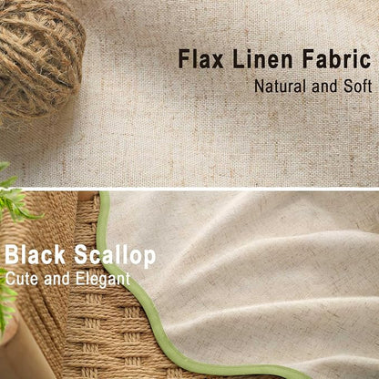 Scalloped Shower Curtain Linen Boho Flax Cream 72" W x 72" L | Linen Fabric, Black Border, Washable, Heavy Duty Cloth, Shower Curtain for Boho Farmhouse Bathroom Bathtub