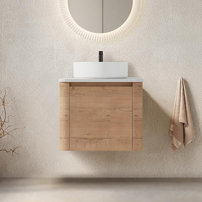 LKTART 24 Inch Floating Bathroom Vanity with Sink, Modern Wall Mounted Bathroom with Soft Close Door, White Round Ceramic Basin and Sintered Stone Top