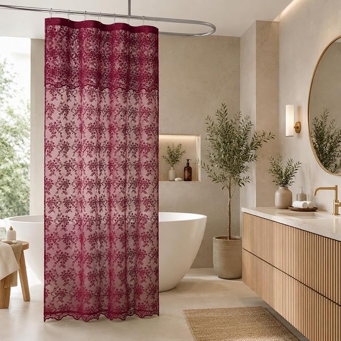 YJ YANJUN Burgundy Lace Stall Shower Curtain 36 x 72 Inch, Vintage Floral | Victorian Narrow Shower Curtain with Attached Valance, Sheer Privacy for RV, Apartment, Guest and Small Bathroom Décor 1Panel
