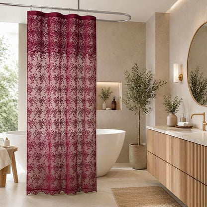 YJ YANJUN Burgundy Lace Stall Shower Curtain 36 x 72 Inch, Vintage Floral | Victorian Narrow Shower Curtain with Attached Valance, Sheer Privacy for RV, Apartment, Guest and Small Bathroom Décor 1Panel