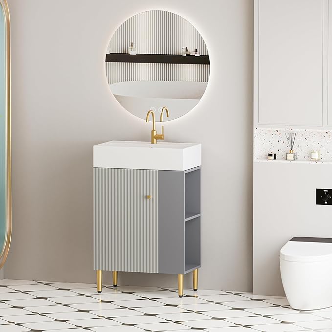 22" Small Bathroom Vanity with Sink, Morden Bathroom Vanities with Soft-Close Door and Open Shelf, Freestanding Narrow Vanity for Compact Space-Saving Bathrooms (Gray,22" Freestanding Right Shelf)