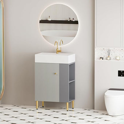 22" Small Bathroom Vanity with Sink, Morden Bathroom Vanities with Soft-Close Door and Open Shelf, Freestanding Narrow Vanity for Compact Space-Saving Bathrooms (Gray,22" Freestanding Right Shelf)
