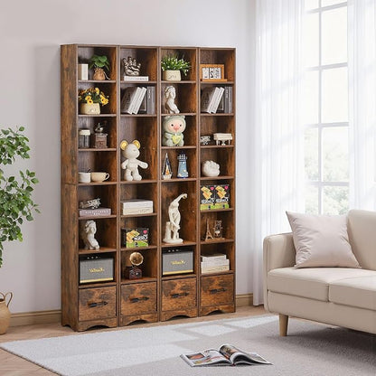 VECELO Tall Narrow Bookshelf with Drawer, 6 Adjustable Movable Shelves, Wood Space Saving Corner Storage Cabinet for Bathroom Bedroom, Retro Brown