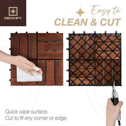 Acacia Wood Interlocking Deck Tiles Outdoor Flooring for Patio, Balcony | Raised Drainage Base, 12x12 In, Trimmable, Oil-Rubbed Finish, No Tools or Sealant Required, Weather-Resistant, Washable