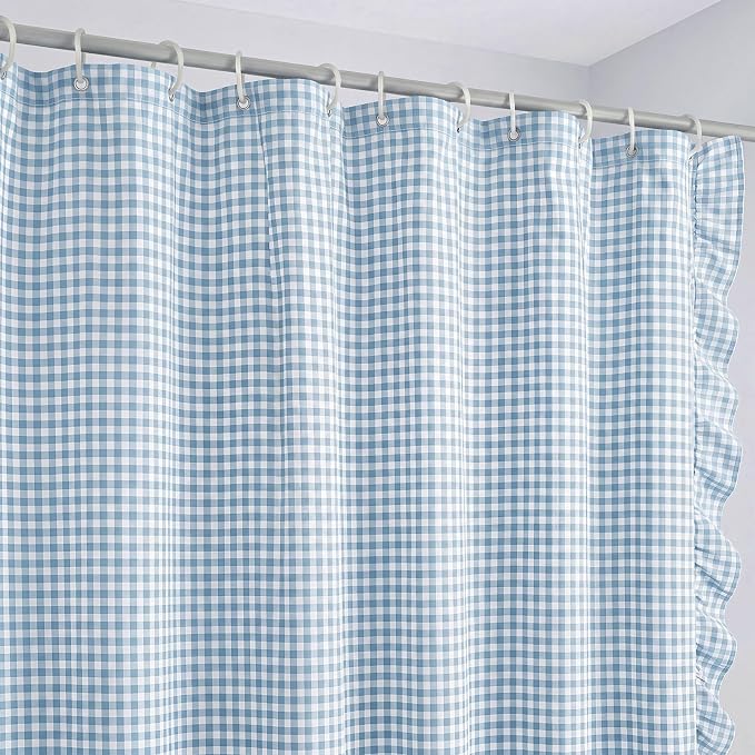 HunnmingRe Ruffled Gingham Shower Curtain Light Blue | 72'' x 72'' Vintage Farmhouse Curtain, Cotton Cottage Core Rural Checkered Plaid Decor, Fall Shower Curtain for Bathroom