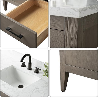 60 Inch Bathroom Vanity with Sink & Ceramic Top, Single Vanity Cabinet with Basin, Soft-Closing Doors & Matte Black Hardware, Driftwood Gray