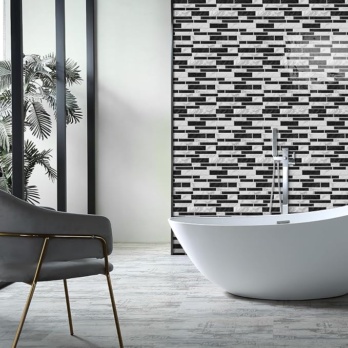 Alwayspon 10 Sheets 12" x12inch Black and White Marble Effect Vinyl Tiles, Backsplash, Self-Adhesive Peel and Stick Wall Tile Stickers, Stick on Subway Tiles for Kitchen Bathroom Wall Decor