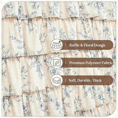 Yinhua Long Farmhouse Ruffle Shower Curtains with Blue Floral, 72" Wx78 L | French Country Vintage Rustic Washable Waterproof Shower Curtain for Bathroom Bathtub, 12 Metal Hooks