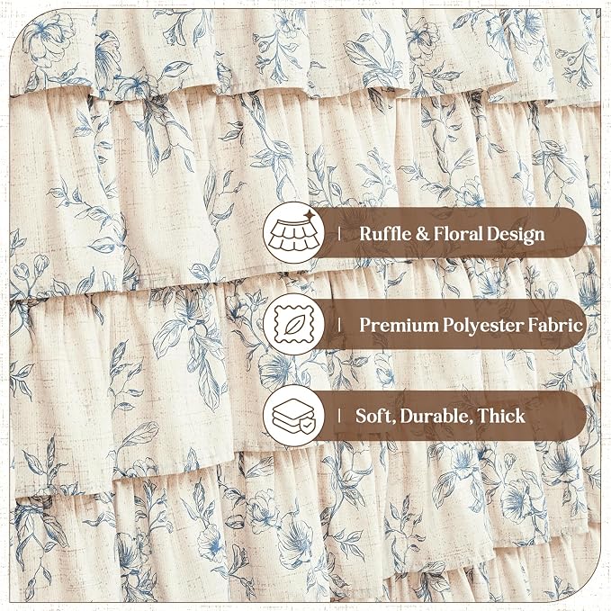 Extra Long Farmhouse Ruffle Shower Curtains with Blue Floral, 72"Wx90"L | French Country Vintage Rustic Washable Waterproof Shower Curtain for Bathroom Bathtub, 12 Metal Hooks