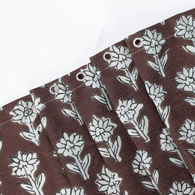 MUGINYU Brown Floral Shower Curtain Vintage Block Print - 72x72 Inches,Cotton Blend Cloth Fabric,Neutral Farmhouse Decorative French Country Bathroom Decor, Cottagecore Aesthetic Pattern