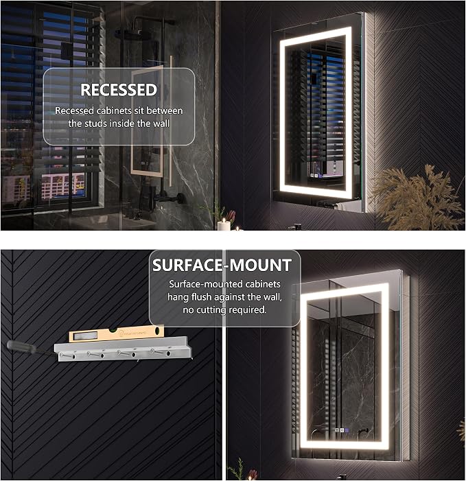 24x36 Medicine Cabinet with Lights & Magnifier & Mirrors, GFCI Outlet, Soft-closed Hinges, Front&Backlit, Anti-Fog, Dimmable&Tunable, Sensor Lights, Recessed/Surface, Adjustable Shelves, Right-handed